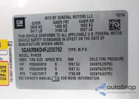 2015 Buick Enclave Leather z USA, uszkodzony, nr VIN 5GAKRBKD4FJ200782